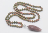 GMN4026 Hand-knotted 8mm, 10mm unakite 108 beads mala necklace with pendant