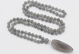 GMN4035 Hand-knotted 8mm, 10mm labradorite 108 beads mala necklace with pendant