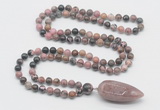 GMN4036 Hand-knotted 8mm, 10mm rhodonite 108 beads mala necklace with pendant