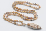 GMN4037 Hand-knotted 8mm, 10mm fossil coral 108 beads mala necklace with pendant