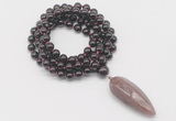 GMN4055 Hand-knotted 8mm, 10mm garnet 108 beads mala necklace with pendant