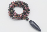 GMN4056 Hand-knotted 8mm, 10mm tourmaline 108 beads mala necklace with pendant