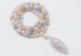 GMN4057 Hand-knotted 8mm, 10mm morganite 108 beads mala necklace with pendant