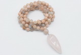 GMN4059 Hand-knotted 8mm, 10mm sunstone 108 beads mala necklace with pendant