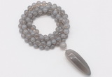 GMN4060 Hand-knotted 8mm, 10mm grey agate 108 beads mala necklace with pendant