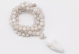 GMN4062 Hand-knotted 8mm, 10mm white crazy agate 108 beads mala necklace with pendant