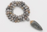 GMN4065 Hand-knotted 8mm, 10mm silver needle agate 108 beads mala necklace with pendant