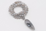 GMN4067 Hand-knotted 8mm, 10mm grey banded agate 108 beads mala necklace with pendant