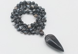 GMN4069 Hand-knotted 8mm, 10mm black banded agate 108 beads mala necklace with pendant