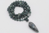 GMN4071 Hand-knotted 8mm, 10mm moss agate 108 beads mala necklace with pendant