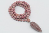 GMN4074 Hand-knotted 8mm, 10mm pink wooden jasper 108 beads mala necklace with pendant