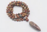 GMN4077 Hand-knotted 8mm, 10mm picasso jasper 108 beads mala necklace with pendant