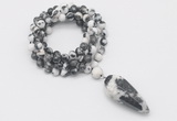 GMN4080 Hand-knotted 8mm, 10mm black & white jasper 108 beads mala necklace with pendant