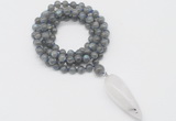 GMN4095 Hand-knotted 8mm, 10mm labradorite 108 beads mala necklace with pendant