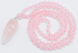 GMN4200 Hand-knotted 8mm, 10mm matte rose quartz 108 beads mala necklace with pendant