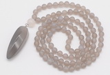 GMN4207 Hand-knotted 8mm, 10mm matte grey agate 108 beads mala necklace with pendant