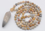 GMN4211 Hand-knotted 8mm, 10mm matte yellow crazy agate 108 beads mala necklace with pendant