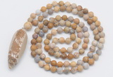 GMN4212 Hand-knotted 8mm, 10mm matte fossil coral 108 beads mala necklace with pendant