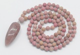 GMN4214 Hand-knotted 8mm, 10mm matte pink wooden jasper 108 beads mala necklace with pendant