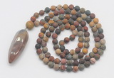 GMN4216 Hand-knotted 8mm, 10mm matte picasso jasper 108 beads mala necklace with pendant