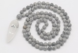 GMN4219 Hand-knotted 8mm, 10mm matte grey picture jasper 108 beads mala necklace with pendant