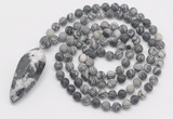 GMN4220 Hand-knotted 8mm, 10mm matte black water jasper 108 beads mala necklace with pendant