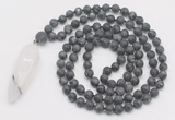 GMN4222 Hand-knotted 8mm, 10mm matte black labradorite 108 beads mala necklace with pendant