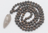 GMN4223 Hand-knotted 8mm, 10mm matte bronzite 108 beads mala necklace with pendant