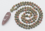 GMN4224 Hand-knotted 8mm, 10mm matte unakite 108 beads mala necklace with pendant