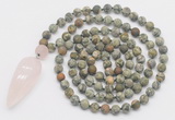 GMN4225 Hand-knotted 8mm, 10mm matte rhyolite 108 beads mala necklace with pendant