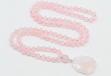 GMN4400 Hand-knotted 8mm, 10mm matte rose quartz 108 beads mala necklace with pendant