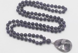 GMN4402 Hand-knotted 8mm, 10mm matte amethyst 108 beads mala necklace with pendant