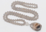 GMN4407 Hand-knotted 8mm, 10mm matte grey agate 108 beads mala necklace with pendant