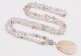 GMN4408 Hand-knotted 8mm, 10mm matte montana agate 108 beads mala necklace with pendant