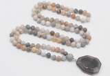 GMN4409 Hand-knotted 8mm, 10mm matte bamboo leaf agate 108 beads mala necklace with pendant