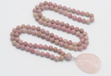 GMN4414 Hand-knotted 8mm, 10mm matte pink wooden jasper 108 beads mala necklace with pendant