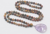 GMN4416 Hand-knotted 8mm, 10mm matte picasso jasper 108 beads mala necklace with pendant