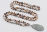 GMN4417 Hand-knotted 8mm, 10mm matte zebra jasper 108 beads mala necklace with pendant