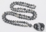 GMN4420 Hand-knotted 8mm, 10mm matte black water jasper 108 beads mala necklace with pendant