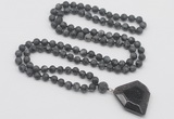 GMN4422 Hand-knotted 8mm, 10mm matte black labradorite 108 beads mala necklace with pendant