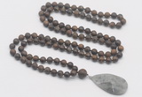 GMN4423 Hand-knotted 8mm, 10mm matte bronzite 108 beads mala necklace with pendant