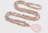 GMN4430 Hand-knotted 8mm, 10mm matte sunstone 108 beads mala necklace with pendant