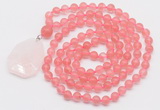 GMN4600 Hand-knotted 8mm, 10mm cherry quartz 108 beads mala necklace with pendant