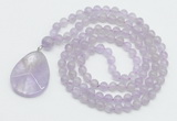 GMN4602 Hand-knotted 8mm, 10mm lavender amethyst 108 beads mala necklace with pendant