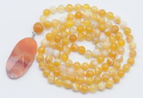 GMN4605 Hand-knotted 8mm, 10mm yellow banded agate 108 beads mala necklace with pendant