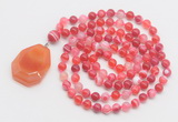 GMN4606 Hand-knotted 8mm, 10mm red banded agate 108 beads mala necklace with pendant