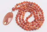 GMN4607 Hand-knotted 8mm, 10mm red banded agate 108 beads mala necklace with pendant