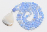 GMN4608 Hand-knotted 8mm, 10mm blue banded agate 108 beads mala necklace with pendant