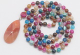 GMN4611 Hand-knotted 8mm, 10mm colorful banded agate 108 beads mala necklace with pendant