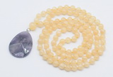 GMN4615 Hand-knotted 8mm, 10mm honey jade 108 beads mala necklace with pendant